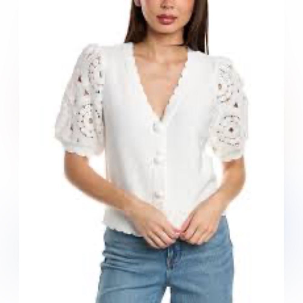 Anthropologie Crochet Bubble Sleeve V Neck Cardigan Sweater Women’s Size Medium
